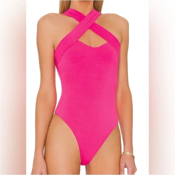 Superdown Gene Cross-Over Pink Cross Back Halter‎ Bodysuit Large - Picture 1 of 11